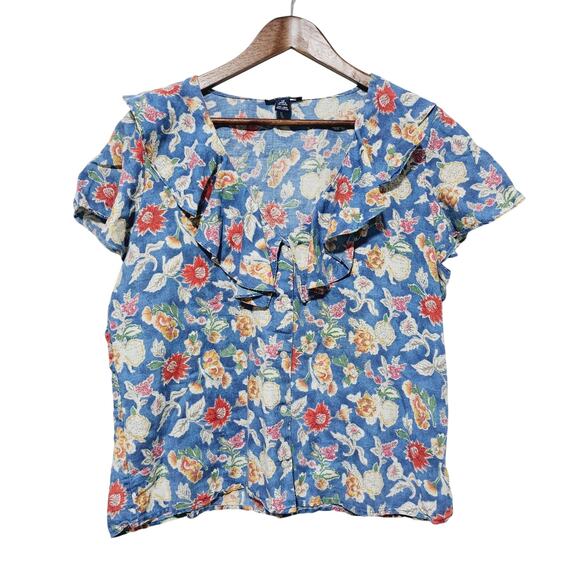 Chaps Linen Blend Button-Up Blouse Blue Floral Ruffled Collar Sz 12 Cottagecore - Picture 1 of 6